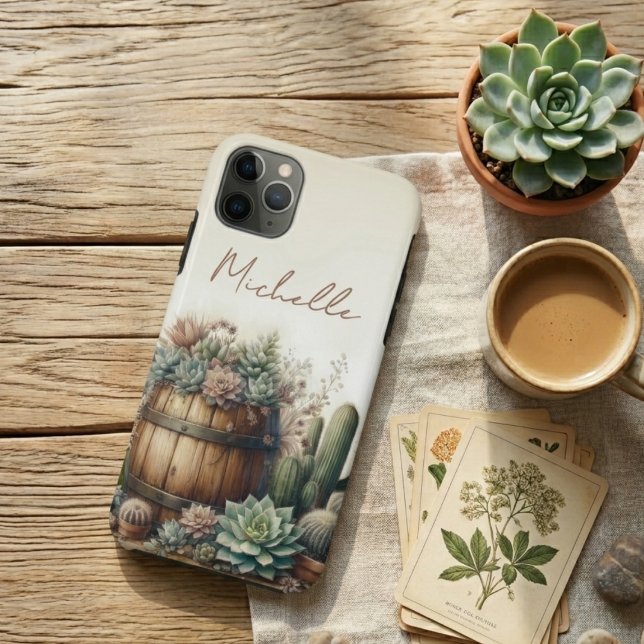 Capa Para iPhone 11 Pro Max Arranjo Rústico de Suculentas e Cactos (Criador carregado)