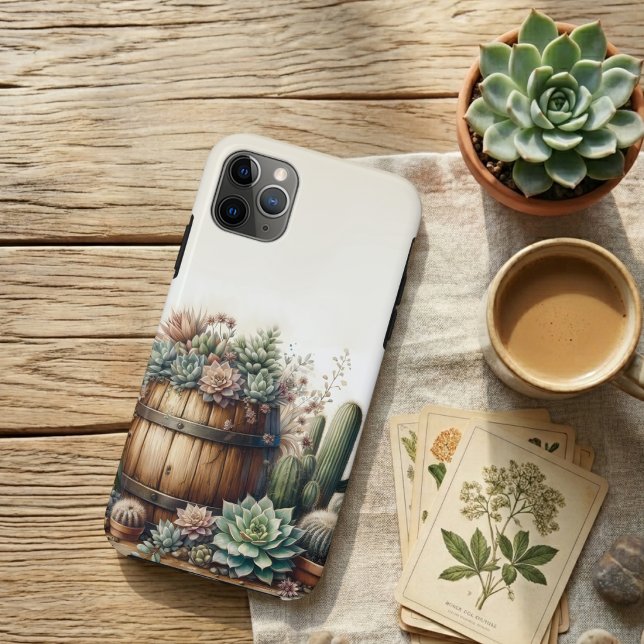 Capa Para iPhone 11 Pro Max Arranjo Rústico de Suculentas e Cactos (Criador carregado)