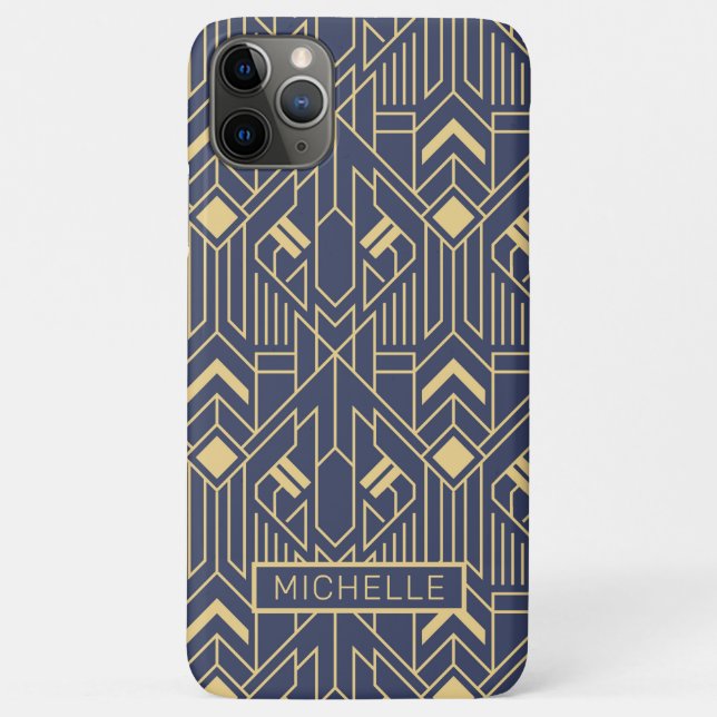 Capa Para iPhone 11 Pro Max Art Deco Azul Nome Geométrico Personalizado Dourad (Verso)