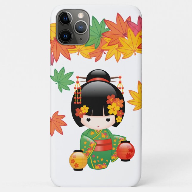 Capa Para iPhone 11 Pro Max Boneca Kokeshi verde Kimono Geisha (Verso)