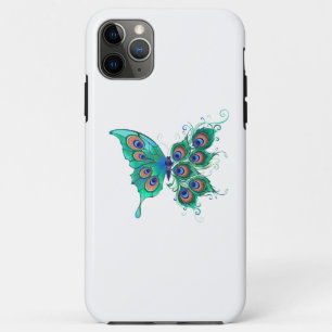 Capa Para iPhone 11 Pro Max Borboleta com Penas de Pavão Verde