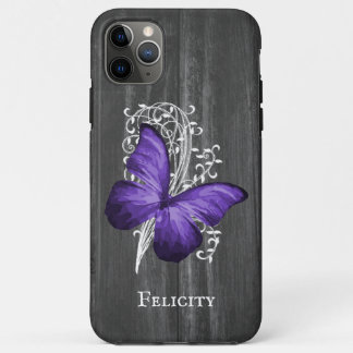 Capa Para iPhone 11 Pro Max Borboleta Rústica Roxa Personalizada
