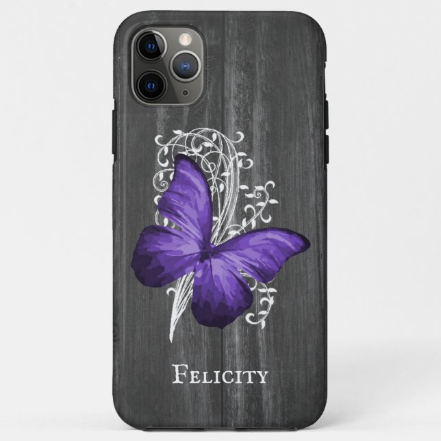 Capa Para iPhone 11 Pro Max Borboleta Rústica Roxa Personalizada (Verso)