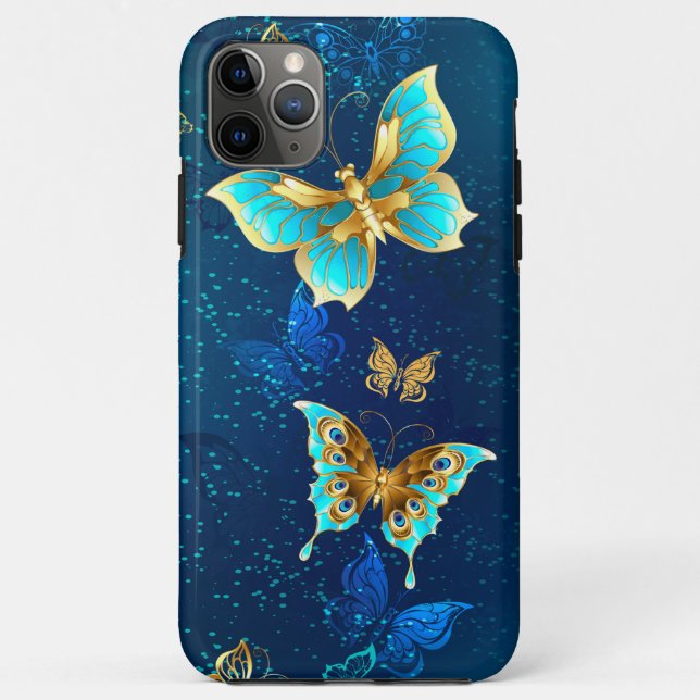 Capa Para iPhone 11 Pro Max Borboletas de ouro em um fundo azul (Verso)