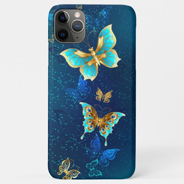 Capa Para iPhone 11 Pro Max Borboletas de ouro em um fundo azul (Verso)
