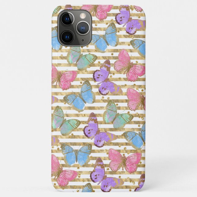 Capa Para iPhone 11 Pro Max Borboletas Douradas de Aquarela (Verso)