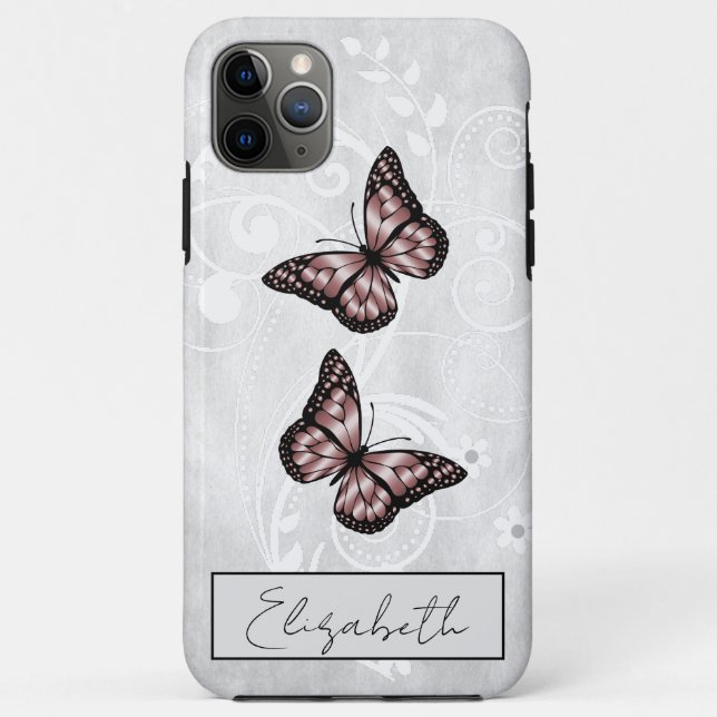 Capa Para iPhone 11 Pro Max Borboletas Rosa Brilhantes (Verso)