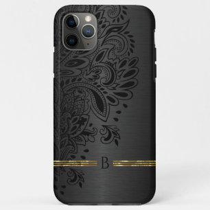 Capa Para iPhone 11 Pro Max Cinza metálica de paisley preto mandala