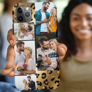 Capa Para iPhone 11 Pro Max Colagem de 5 Fotos com Estampa de Leopardo Preto e