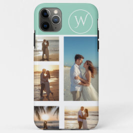 Capa Para iPhone 11 Pro Max Colagem de 5 Fotos Monogramada em Azul Turquesa