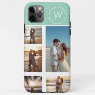 Capa Para iPhone 11 Pro Max Colagem de 5 Fotos Monogramada em Azul Turquesa