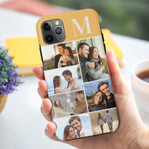 Capa Para iPhone 11 Pro Max Colagem de 7 Fotos Monogramada em Amarelo Ocre