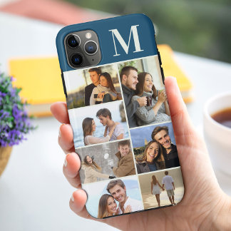 Capa Para iPhone 11 Pro Max Colagem de 7 Fotos Monogramada em Azul Pavão Turqu