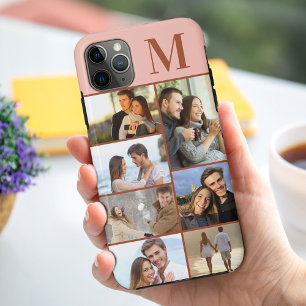 Capa Para iPhone 11 Pro Max Colagem de 7 Fotos Monogramada em Terracota Bege