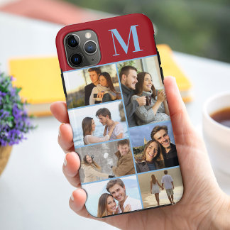 Capa Para iPhone 11 Pro Max Colagem de 7 Fotos Monogramada em Vermelho