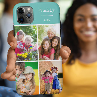Capa Para iPhone 11 Pro Max Colagem de Fotos Família Verde Azul 4 Personalizad