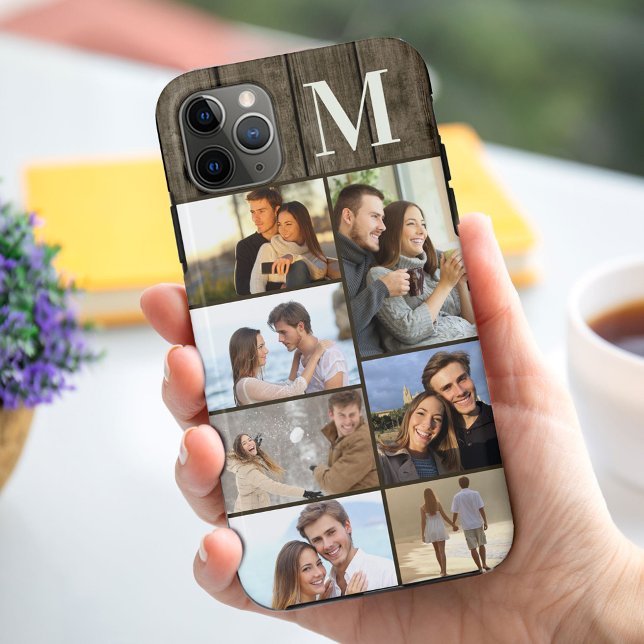 Capa Para iPhone 11 Pro Max Colagem de Fotos Monogramas 7 na Madeira Escura (Criador carregado)