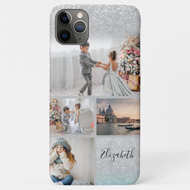Capa Para iPhone 11 Pro Max Colagem de Fotos Silver Glitter Bokeh Seu Nome (Verso)
