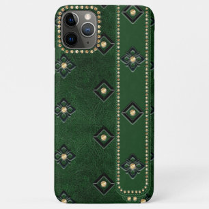 Capa Para iPhone 11 Pro Max Couro Verde De Luxo Embutido Floral E Pinos