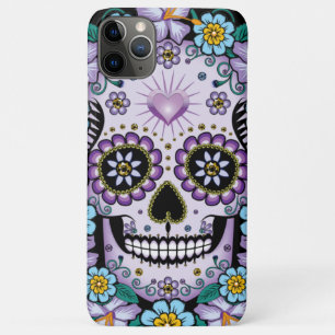 Capa Para iPhone 11 Pro Max Crânio de Açúcar Roxo com Flores