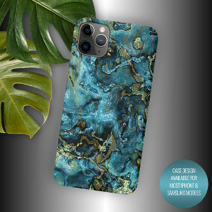 Capa Para iPhone 11 Pro Max Dark Teal Blue Turquoise Faux Gold Agate Pattern