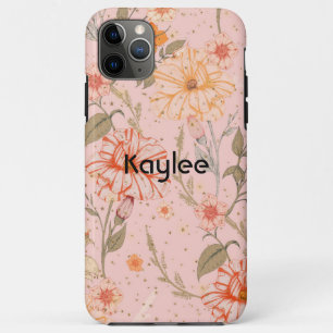 Capa Para iPhone 11 Pro Max Design Floral Vintage Pêssego com Lantejoulas