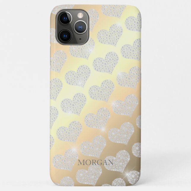 Capa Para iPhone 11 Pro Max Diamond Small Heart Pattern, DIY Name, Dourado (Verso)
