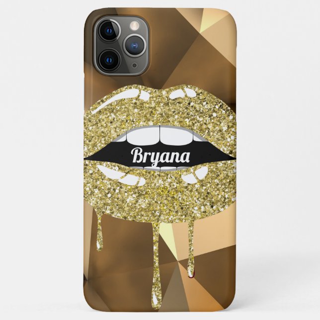 Capa Para iPhone 11 Pro Max Dourada Bela de Luxo Glitter Drivers Lábios (Verso)