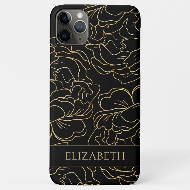 Capa Para iPhone 11 Pro Max Dourado Floral Preto Personalizado (Verso)