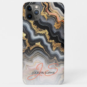 Capa Para iPhone 11 Pro Max Dourado padrão de arte em mármore branco-rosa-pret