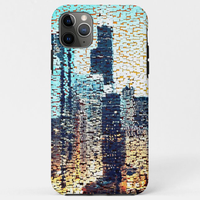 Capa Para iPhone 11 Pro Max Edifícios da cidade azul em mosaico com alivio (Verso)