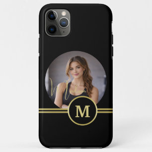 Capa Para iPhone 11 Pro Max Elegante Assinatura Monograma em Ouro com Foto