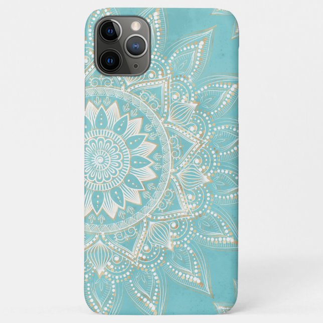 Capa Para iPhone 11 Pro Max Elegante Dourado Mandala Sky Blue Design (Verso)