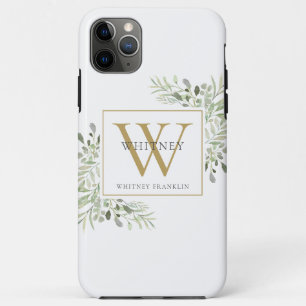 Capa Para iPhone 11 Pro Max Elegante Monograma Dourado com Verdura com Estilo