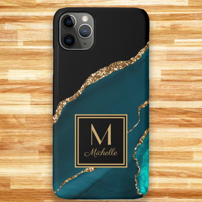 Capa Para iPhone 11 Pro Max Elegante negro Dourado Monograma Nome inicial (Teal, black, and gold marble monogram phone case.  Transfer this design to any style phone case )