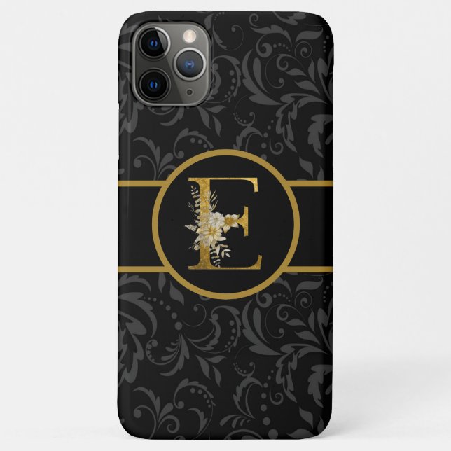 Capa Para iPhone 11 Pro Max Elegante preto e Dourado Monograma - Letra "E" (Verso)