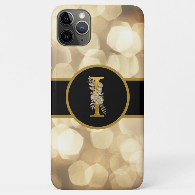 Capa Para iPhone 11 Pro Max Elegante preto e Dourado Monograma - Letra "I" (Verso)