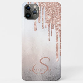 Capa Para iPhone 11 Pro Max Elegante Rosa Glitter Drips Monograma em Dourado C