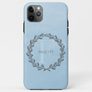 Capa Para iPhone 11 Pro Max Elegante Wreath Monograma | Azul