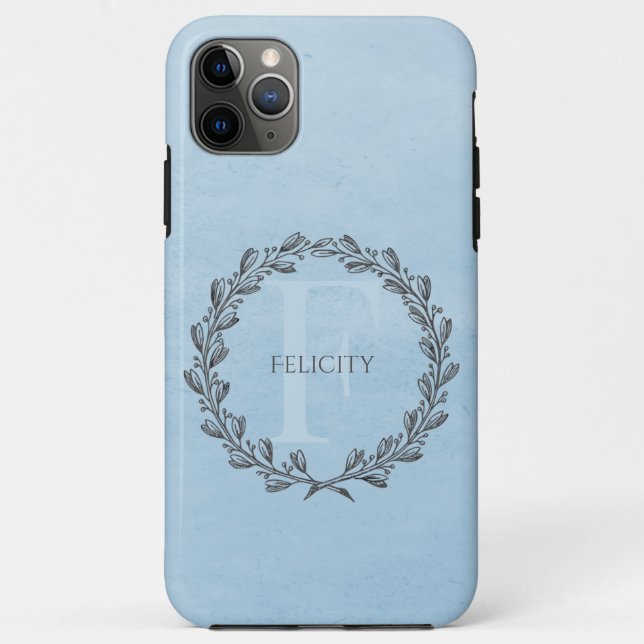 Capa Para iPhone 11 Pro Max Elegante Wreath Monograma | Azul (Verso)