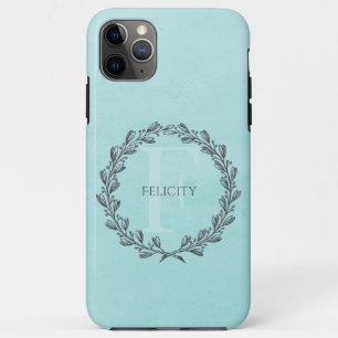 Capa Para iPhone 11 Pro Max Elegante Wreath Monograma   Teal