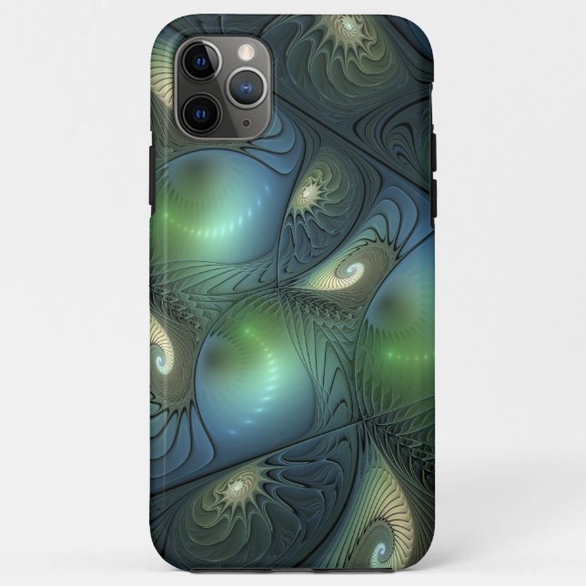 Capa Para iPhone 11 Pro Max Espirais Teal Beige Verde Abstrato Fractal (Verso)