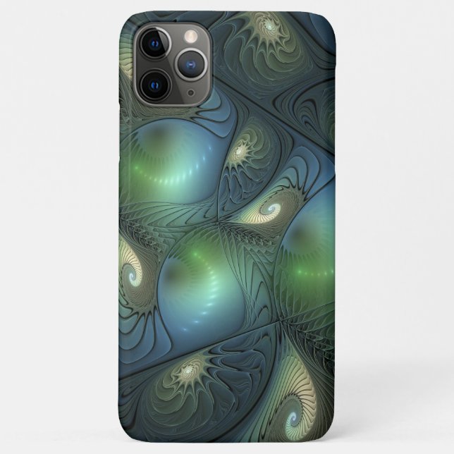Capa Para iPhone 11 Pro Max Espirais Teal Beige Verde Abstrato Fractal (Verso)