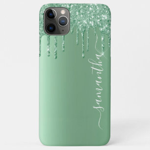Capa Para iPhone 11 Pro Max Estojo verde com brilho e nome manuscrito em metal