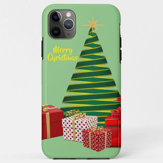 Capa Para iPhone 11 Pro Max Feliz Natal ~ Árvore com presentes (Verso)
