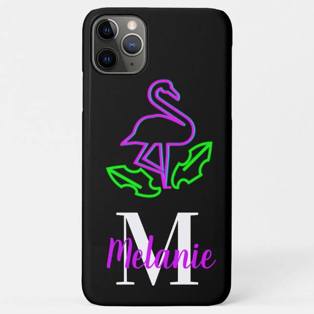 Capa Para iPhone 11 Pro Max Flamingo Tropical Neon Moderno Violeta Fluorescent (Verso)