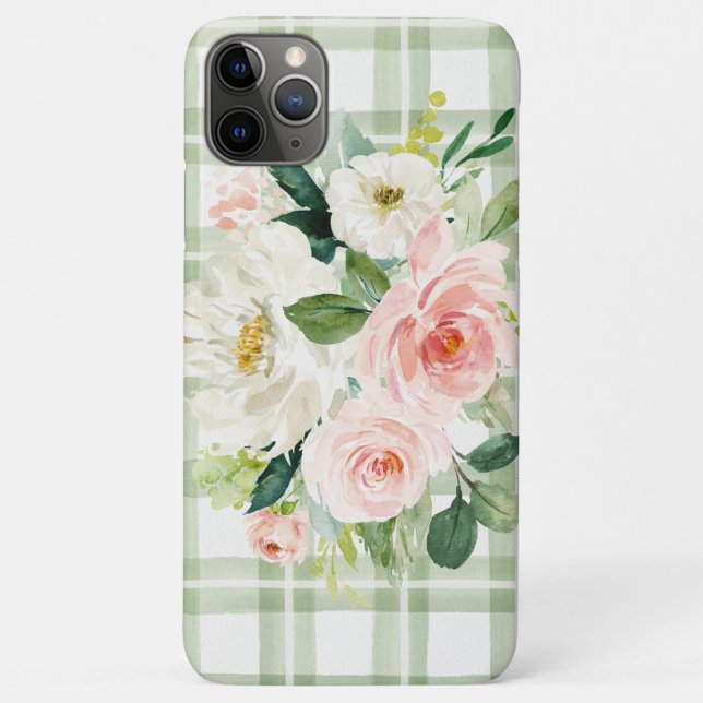 Capa Para iPhone 11 Pro Max Floral Branco Rosa-Rosa Xadrez Verde-claro (Verso)