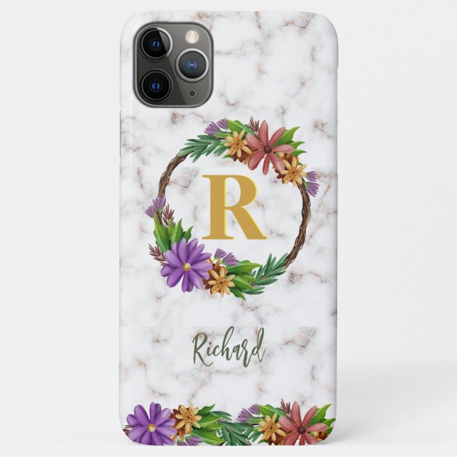 Capa Para iPhone 11 Pro Max Floral Wreath Inicial Letra Monograma Nome Marble (Verso)