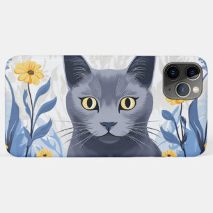Capa Para iPhone 11 Pro Max Flores Amarelas do Gato Azul Russo