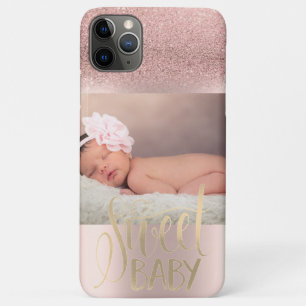 Capa Para iPhone 11 Pro Max Foto Rosa Dourado Glitter Ombre Sweet Baby